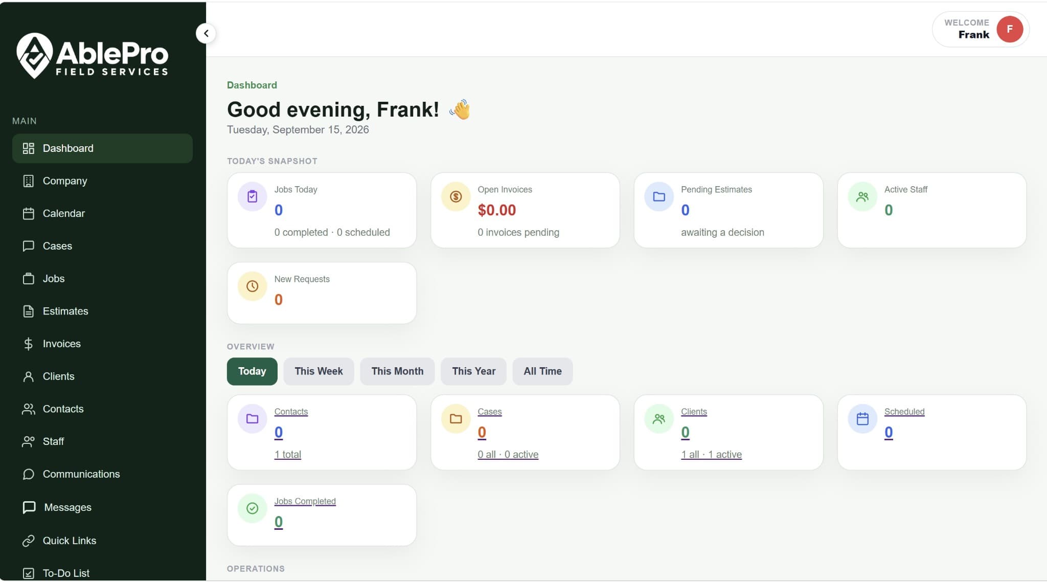 AblePro Field Services dashboard with jobs, invoices, estimates, staff, contacts, and cases