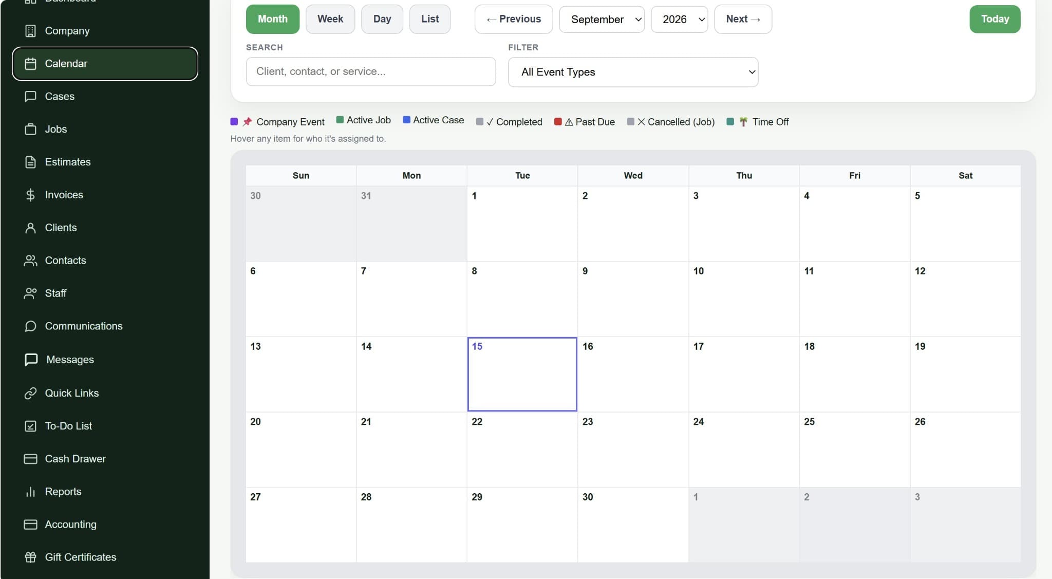 AblePro Field Services monthly scheduling calendar