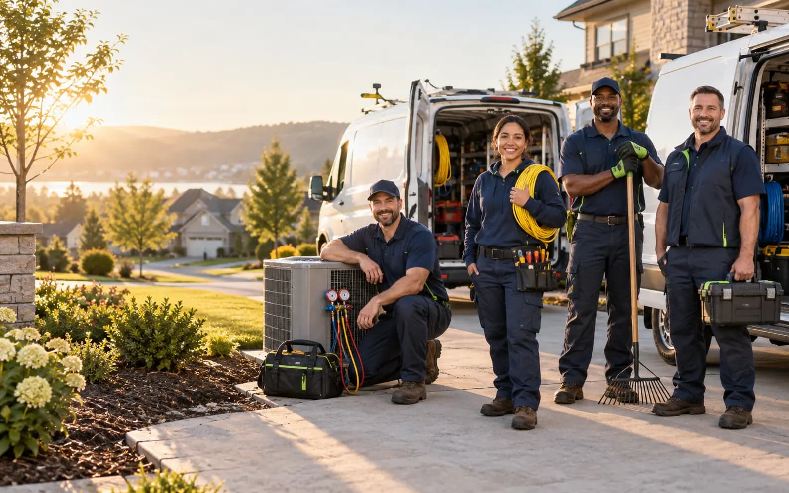 A small field-service team beside their service vehicles